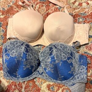 Lace Push-Up Bra Set - Blue and Cream